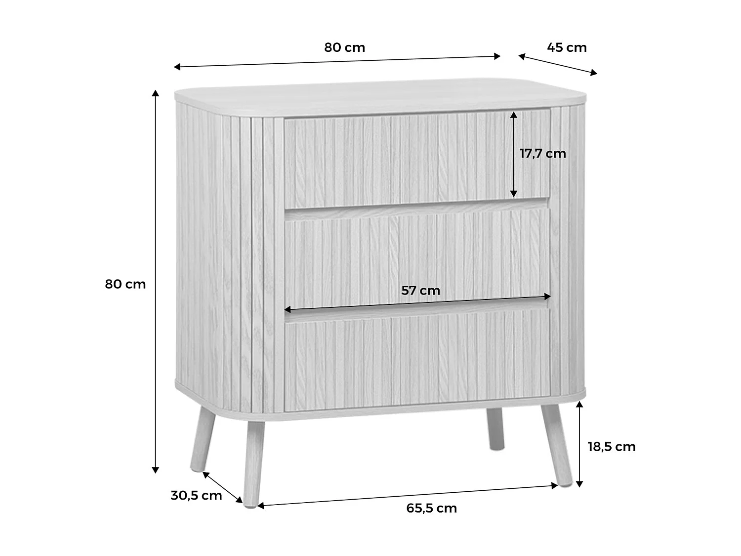 Commode 3 tiroirs. décor strié noyer. L 80x P 45  H 80cm