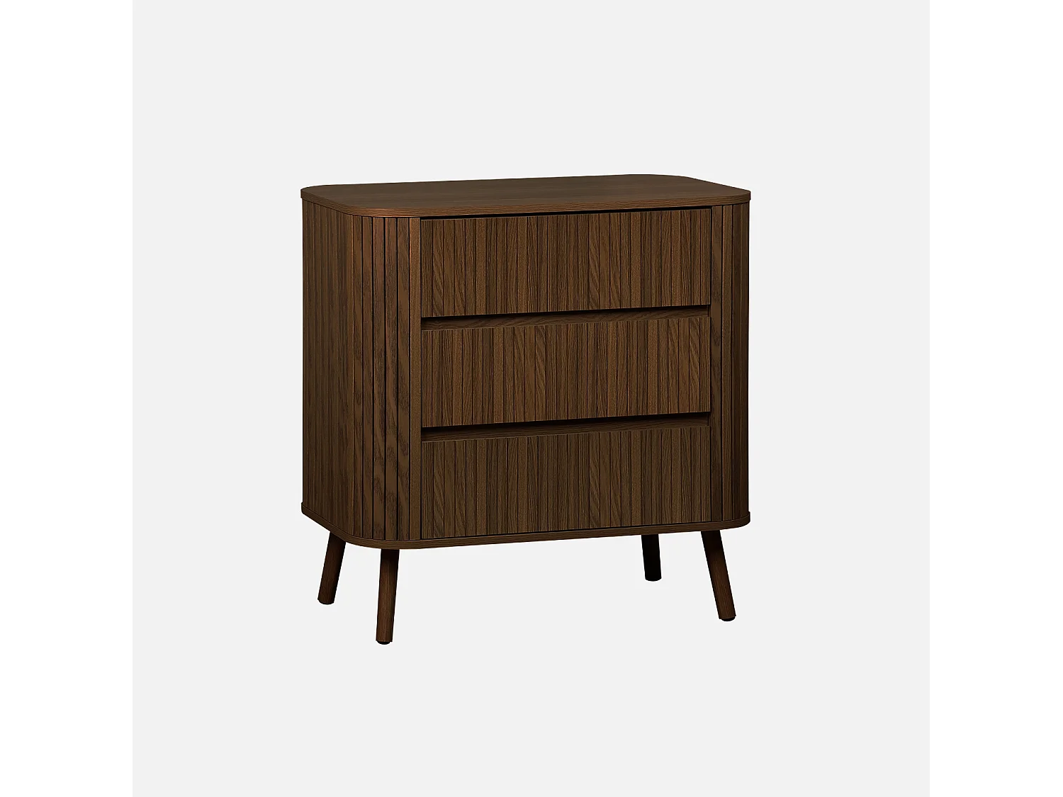 Commode 3 tiroirs. décor strié noyer. L 80x P 45  H 80cm