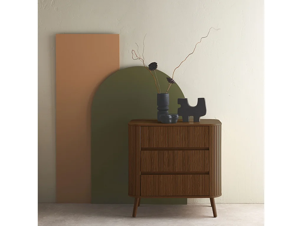 Commode 3 tiroirs. décor strié noyer. L 80x P 45  H 80cm