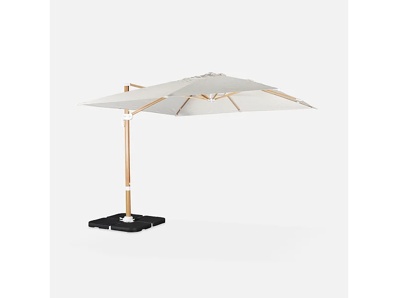 Ombrellone decentrato quadrato 3x3m, palo effetto legno + piastrelle