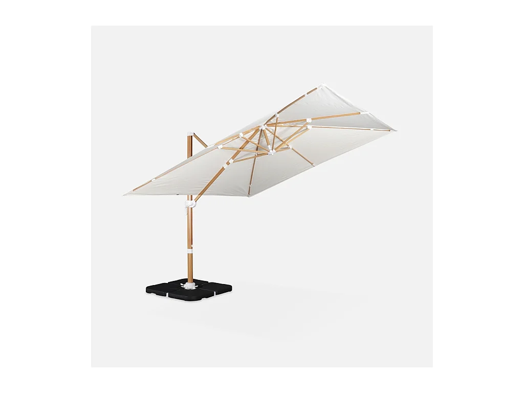 Ombrellone decentrato quadrato 3x3m, palo effetto legno + piastrelle