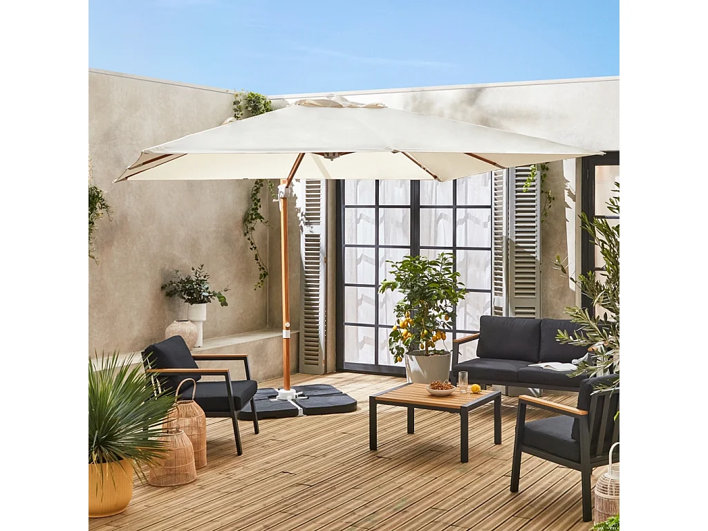 Parasol 3x3m con mástil efecto madera + losas 50x50cm crudo