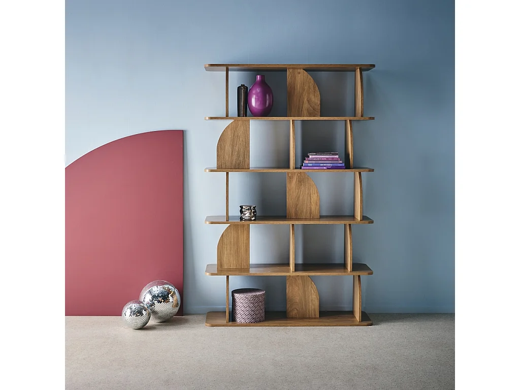 Etagère. bibliothèque exotique décor bois manguier 5 niveaux. séparateurs courbés - Alva