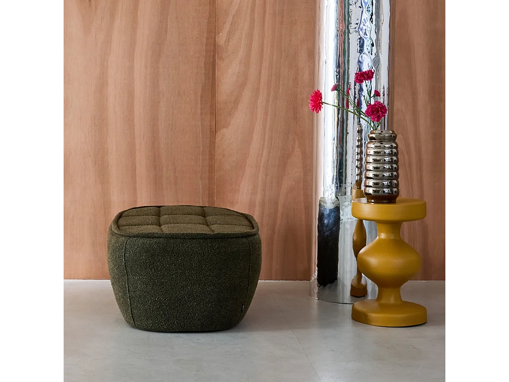 Pouf, poggiapiedi per poltrona boni bouclé texturizzata, verde kaki