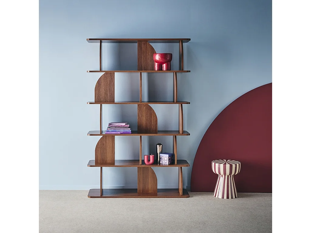 Scaffale libreria esotica decorazione legno 5 livelli, noce