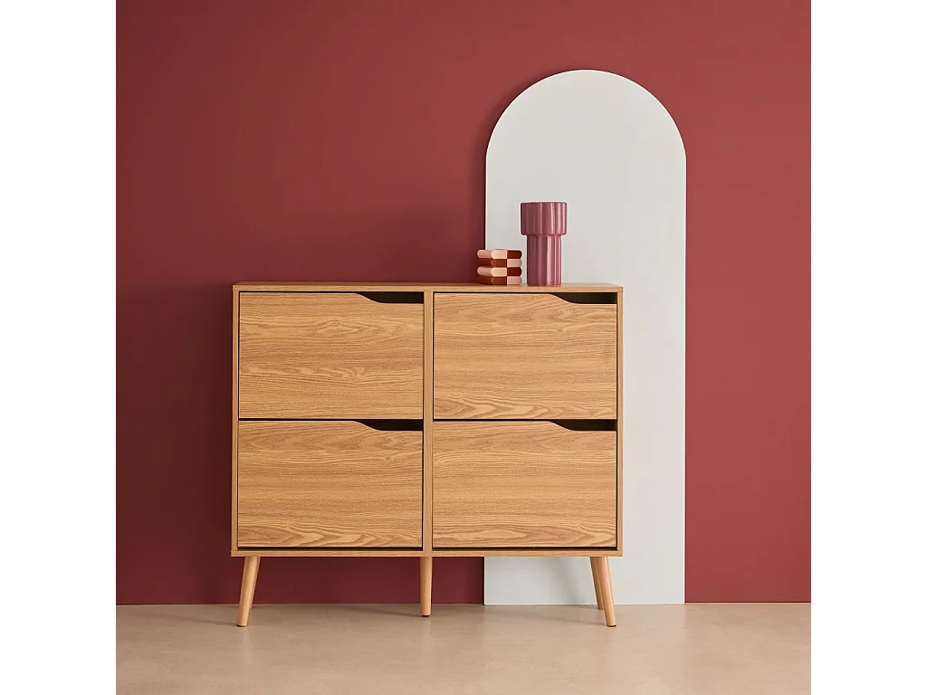 Scarpiera con decoro effetto legno, 4 ante, marrone naturale