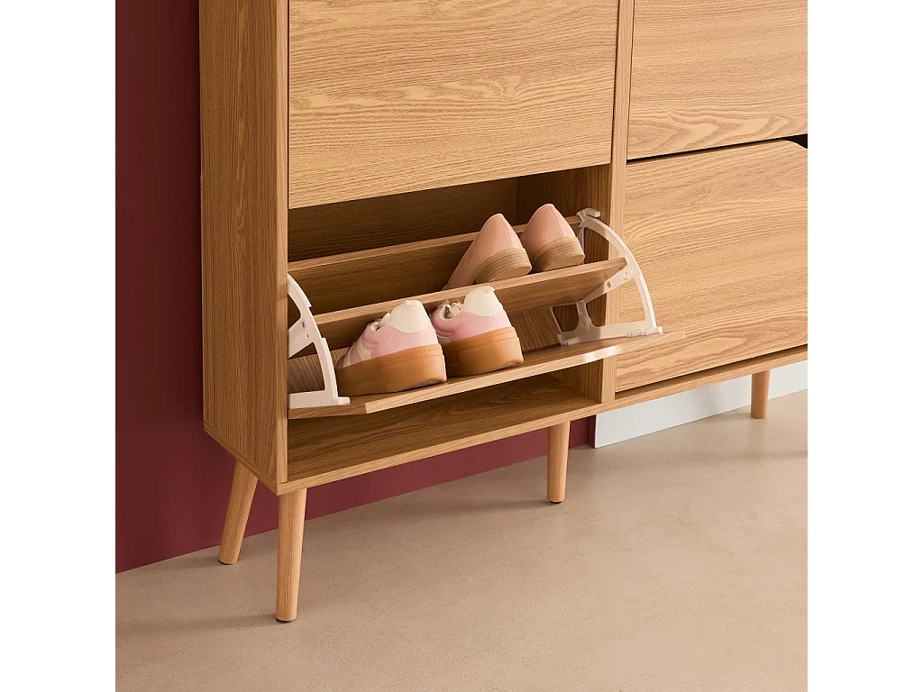 Scarpiera con decoro effetto legno, 4 ante, marrone naturale