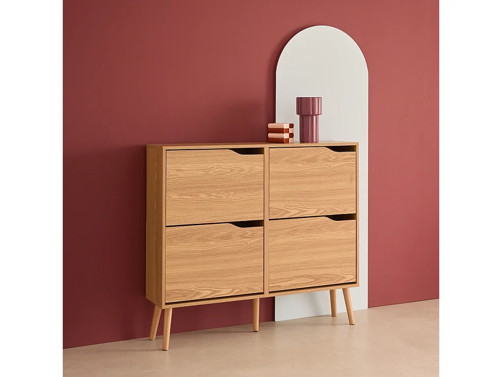 Scarpiera con decoro effetto legno, 4 ante, marrone naturale