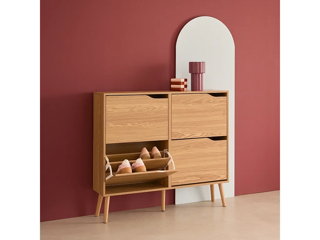 Scarpiera con decoro effetto legno, 4 ante, marrone naturale