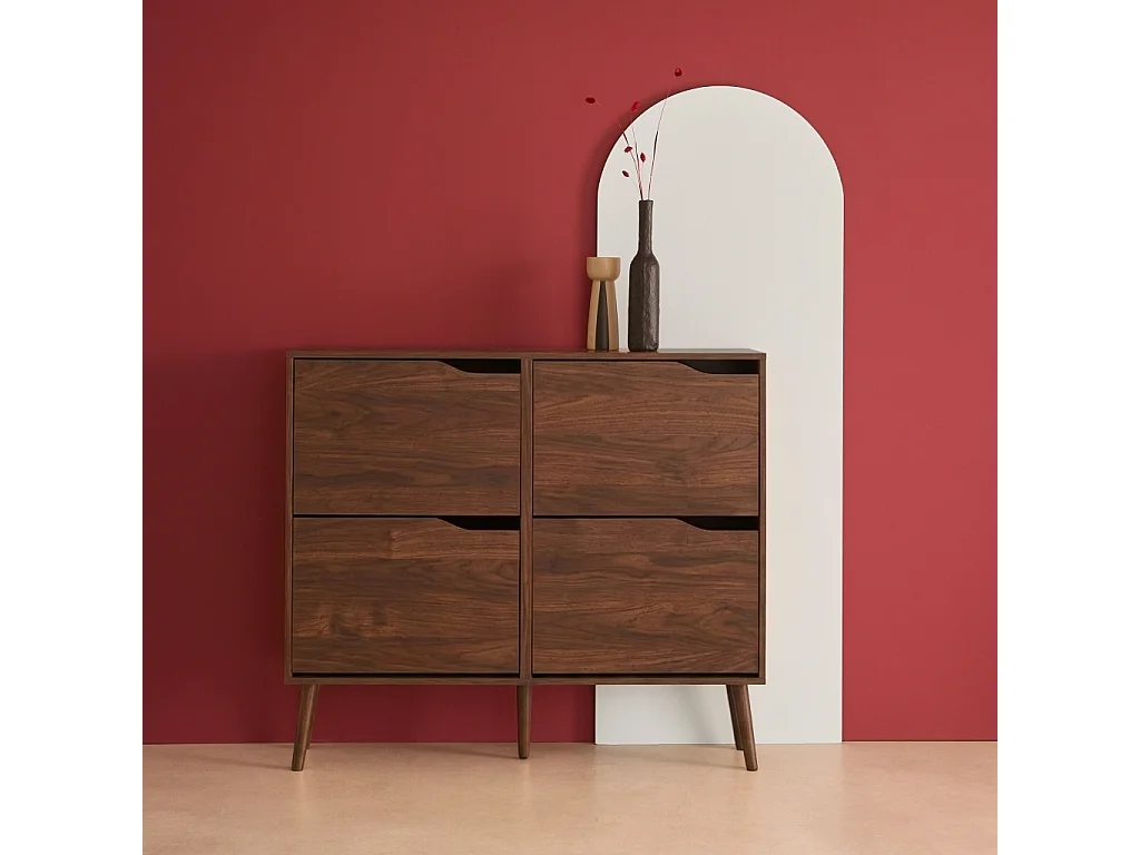 Scarpiera con decoro effetto legno, 4 ante Noce - 110x23x96 cm