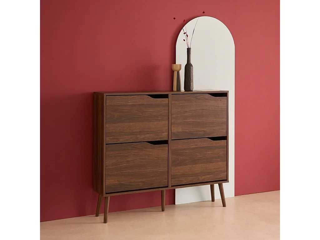 Scarpiera con decoro effetto legno, 4 ante Noce - 110x23x96 cm