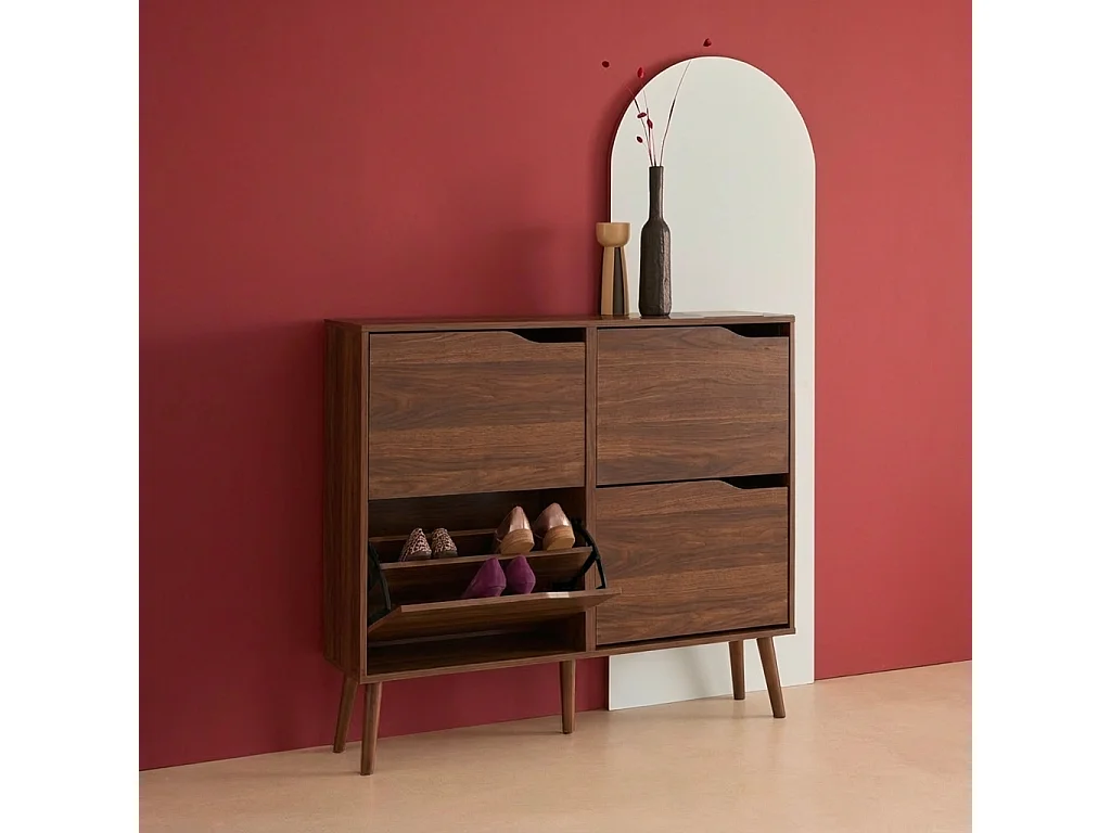 Scarpiera con decoro effetto legno, 4 ante Noce - 110x23x96 cm