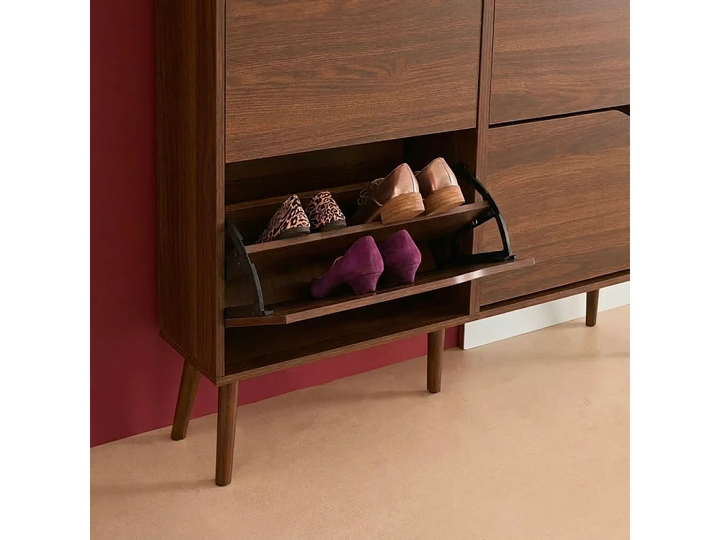 Scarpiera con decoro effetto legno, 4 ante Noce - 110x23x96 cm