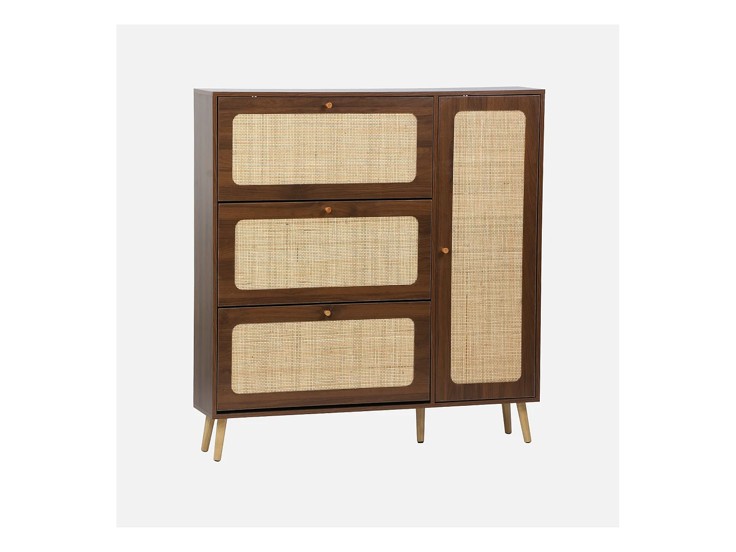 Meuble à chaussure cannage Bohème noyer. 3 tiroirs. 1 porte. 21 paires. 120 x 24 x 125 cm