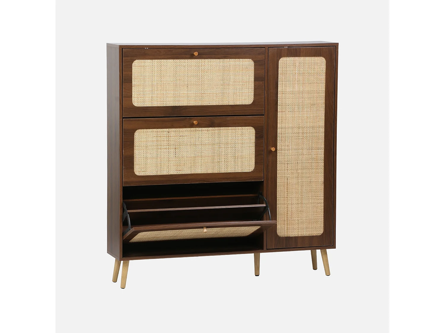 Meuble à chaussure cannage Bohème noyer. 3 abattants. 1 porte. 21 paires. 120 x 24 x 125 cm