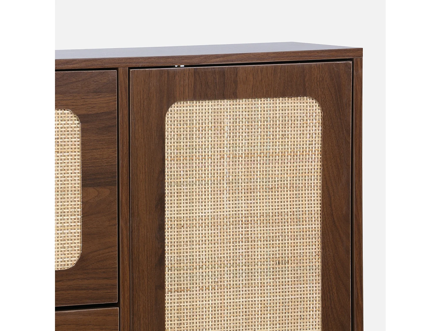 Meuble à chaussure cannage Bohème noyer. 3 abattants. 1 porte. 21 paires. 120 x 24 x 125 cm