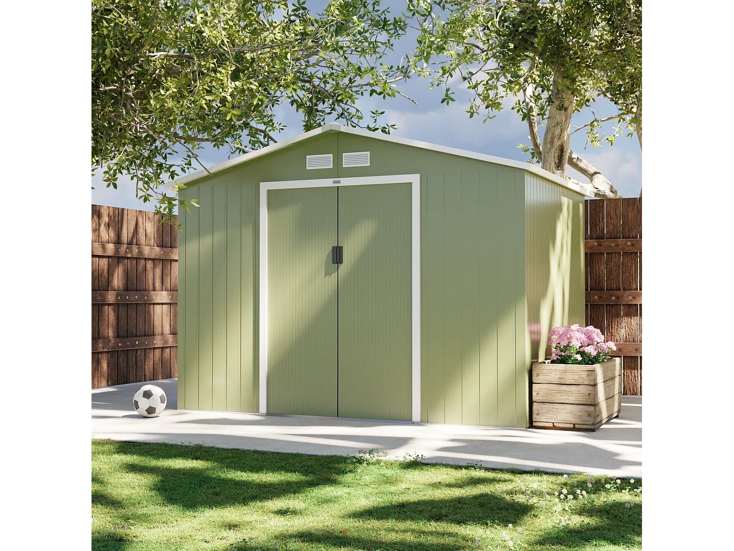 Abri de jardin en métal - FERRAIN 5.29m² vert et blanc - Cabane à outils avec deux grandes portes coulissantes. kit de fixation sol inclus. maison de rangement.