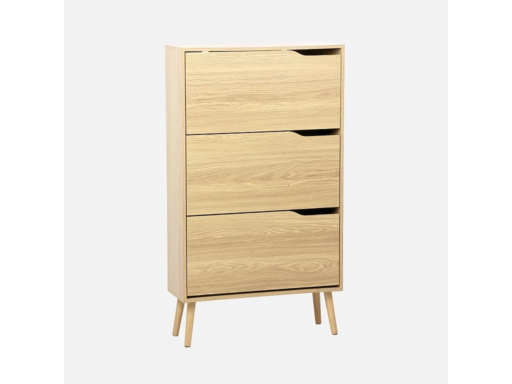 Meuble à chaussures scandinave décor naturel 3 portes abattantes capacité 18 paires de chaussures