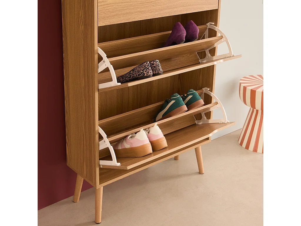 Meuble à chaussures scandinave décor naturel 3 portes abattantes capacité 18 paires de chaussures