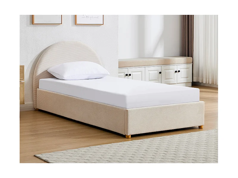 Bett mit Bettkasten - 90 x 190 cm - Cord-Samt - Beige + Matratze - LIRIMO