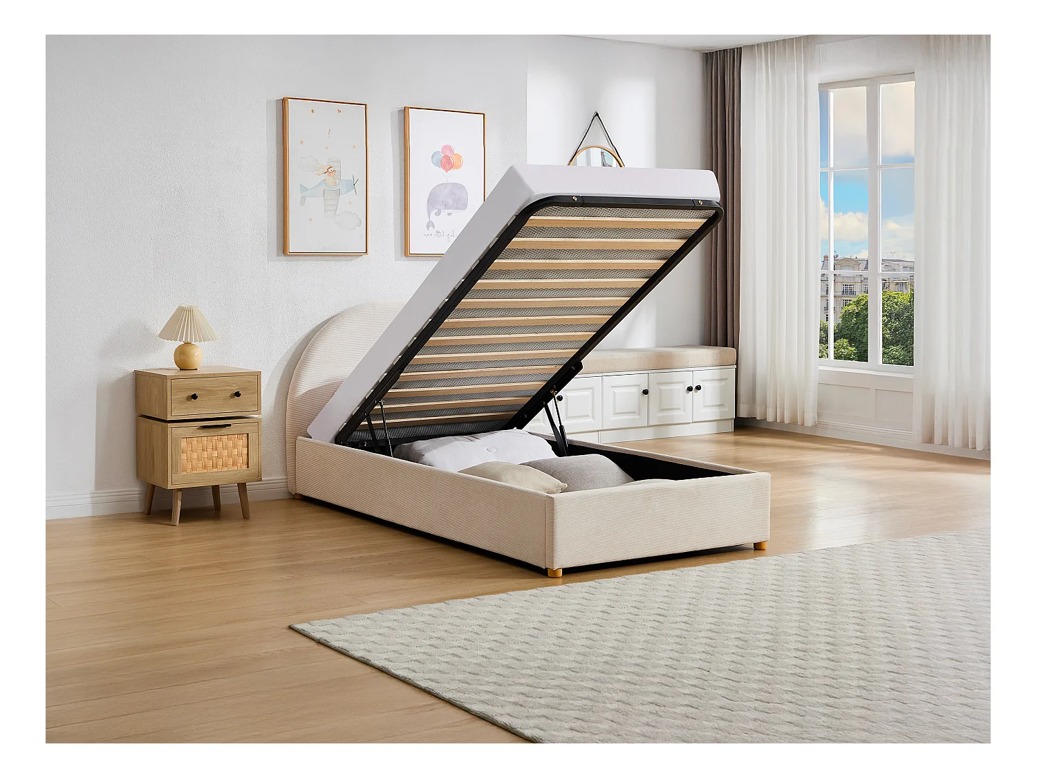 Sängram med förvaring 90 x 190 cm - Manchester sammet - Beige + Madrass - LIRIMO