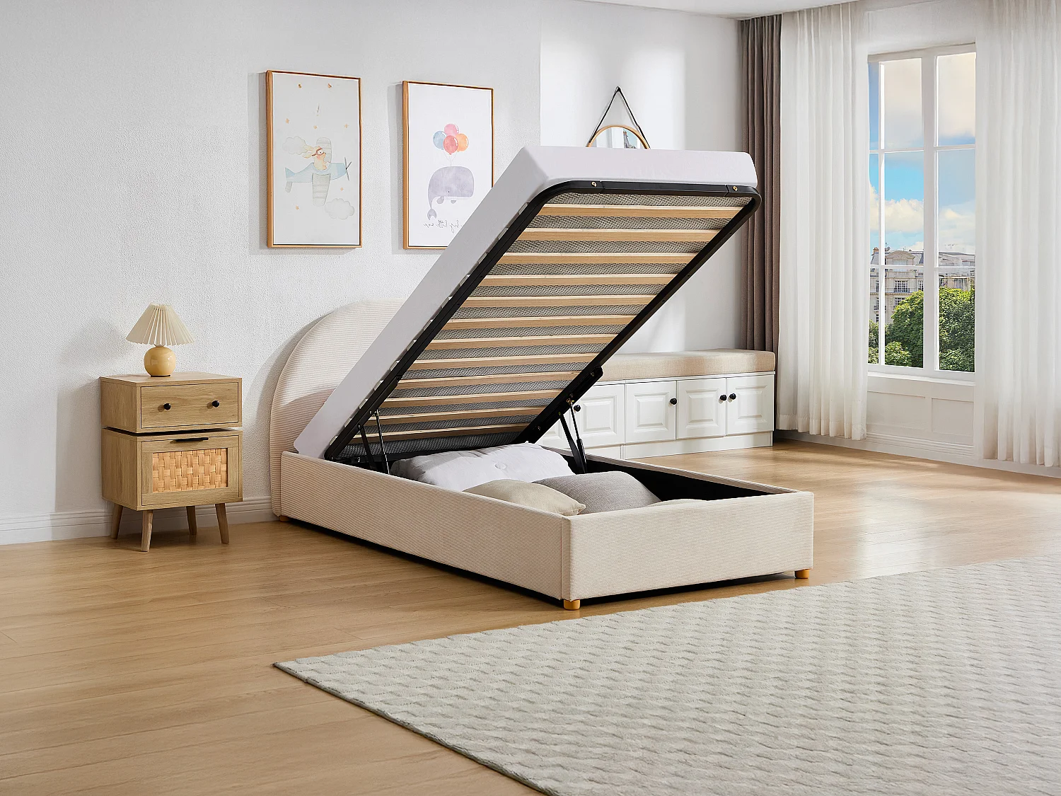 Sengeskuffe 90 x 190 cm - Fløjlscord - Beige + Madras - LIRIMO