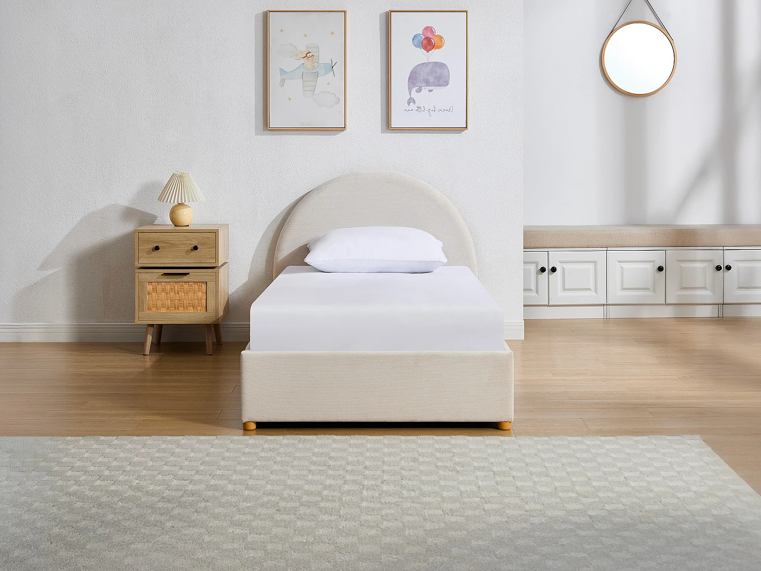 Lit coffre 90 x 190 cm - Velours côtelé - Beige + Matelas - LIRIMO