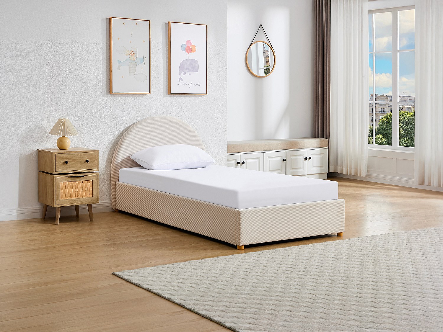 Bett mit Bettkasten - 90 x 190 cm - Cord-Samt - Beige + Matratze - LIRIMO