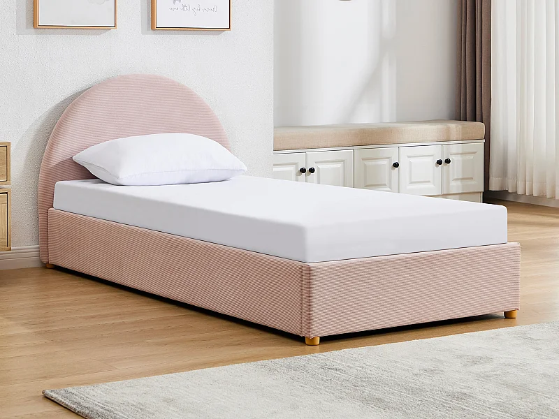 Bed met opbergruimte 90 x 190 cm - Ribfluweel - Roze + Matras - LIRIMO