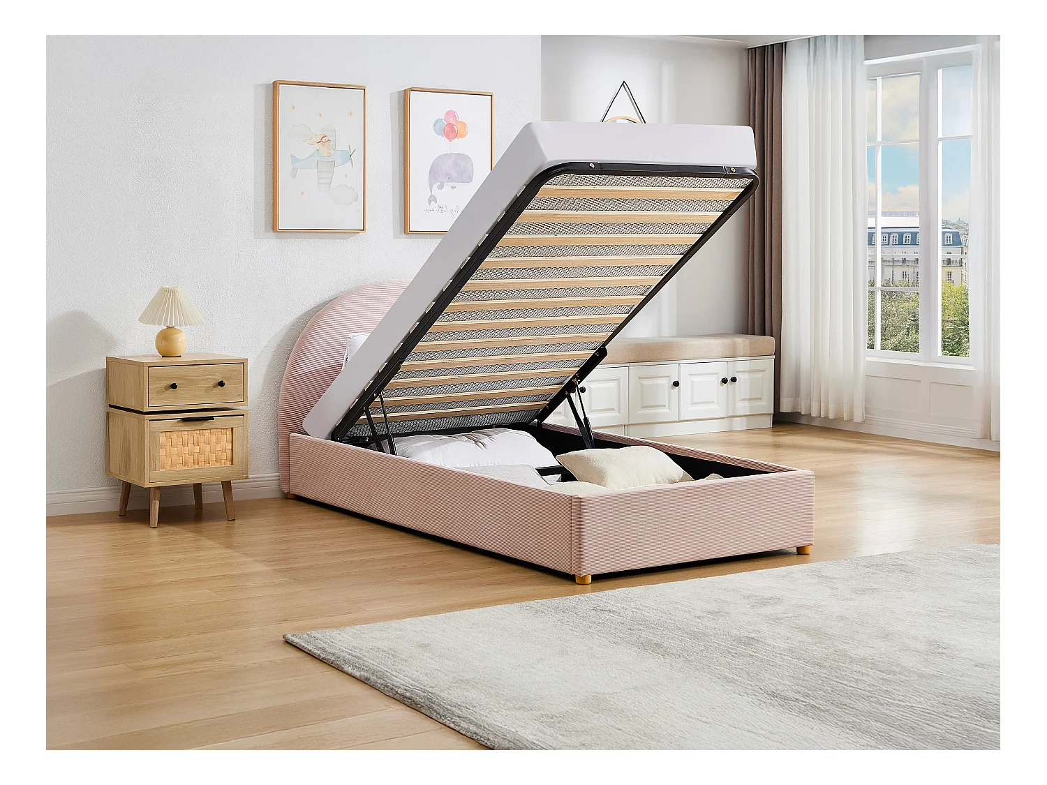 Sängram med förvaring 90 x 190 cm - Manchester velour - Rosa + Madrass - LIRIMO