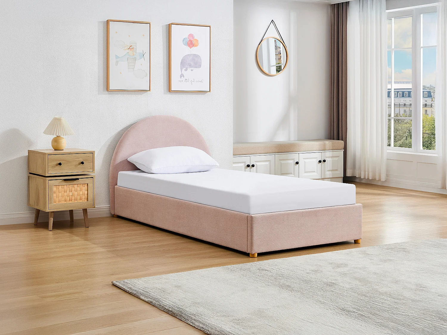 Letto con contenitore 90 x 190 cm Velluto a coste - Rosa + Materasso - LIRIMO