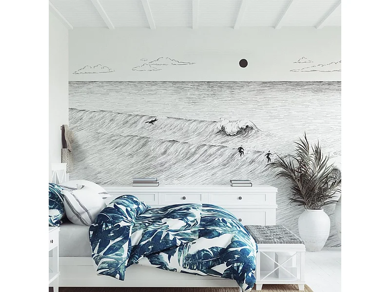 Papier peint panoramique - Vagues - Noir - intissé : 150g/m² - 7 lés : 336x270cm