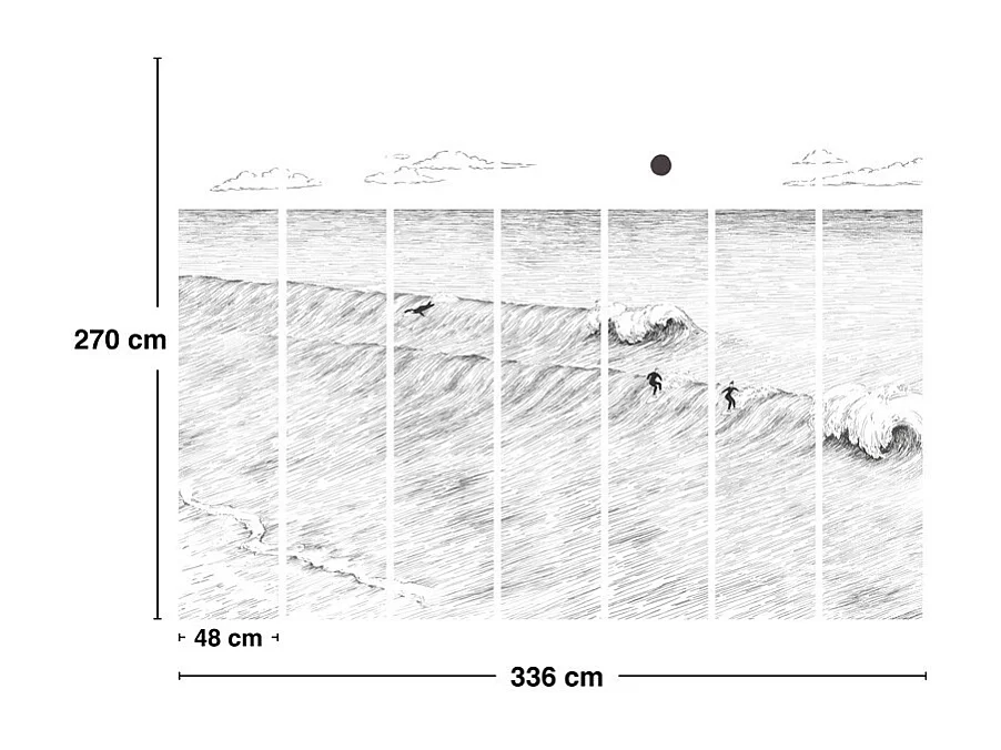 Papier peint panoramique - Vagues - Noir - intissé : 150g/m² - 7 lés : 336x270cm