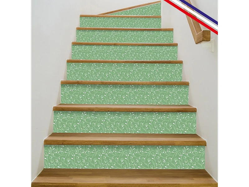 Contremarches adhésives PVC pour escalier - floral vert - Lot de 5 (15x100 cm)