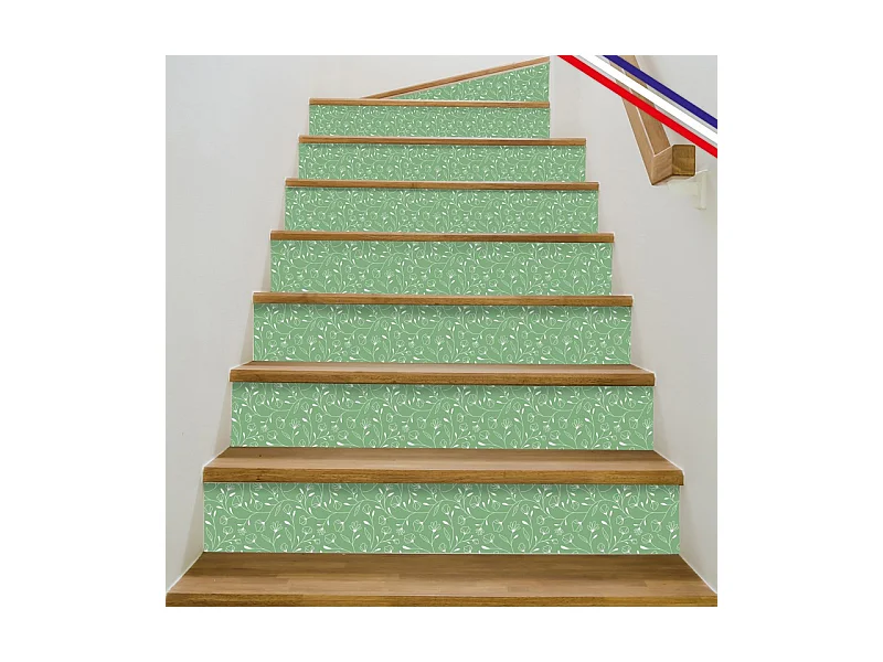 Contremarches adhésives PVC pour escalier - floral vert - Lot de 5 (15x100 cm)
