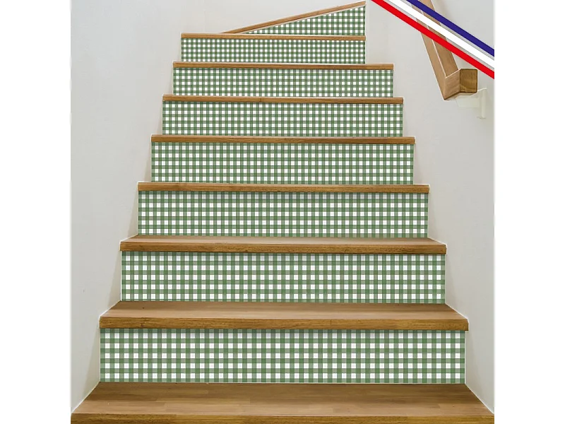 Contremarches adhésives PVC pour escalier - Vichy Vert - Lot de 5 - 15x100 cm