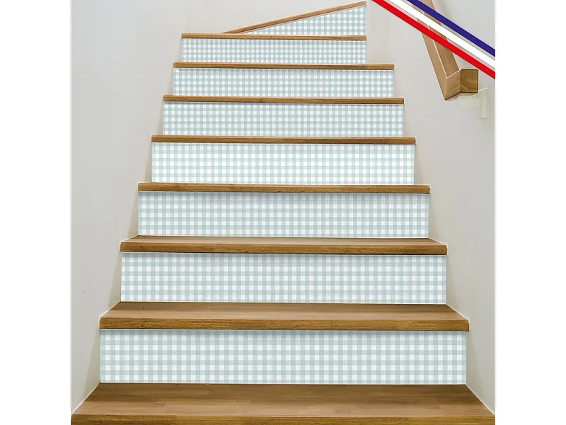 Contremarches adhésives PVC pour escalier - Vichy Bleu - Lot de 5 - 15x100 cm