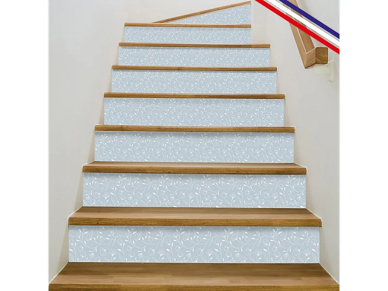 Contremarches adhésives PVC pour escalier - floral bleu - Lot de 5 (18x100 cm)