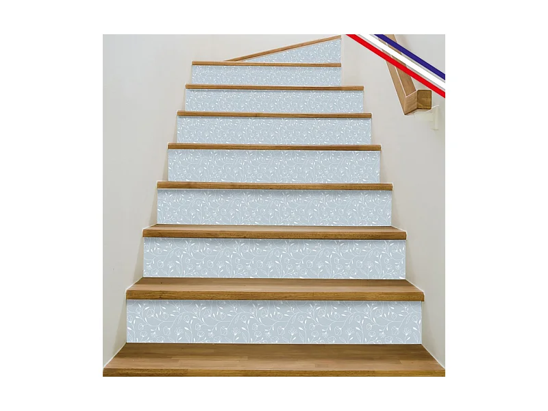 Contremarches adhésives PVC pour escalier - floral bleu - Lot de 5 (15x100 cm)