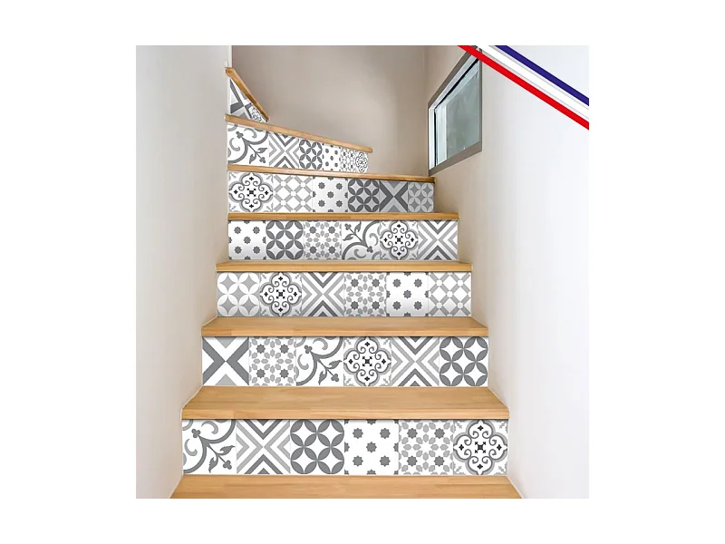 Contremarches adhésives PVC pour escalier - carreaux de ciment gris - Lot de 5 (18x100 cm)