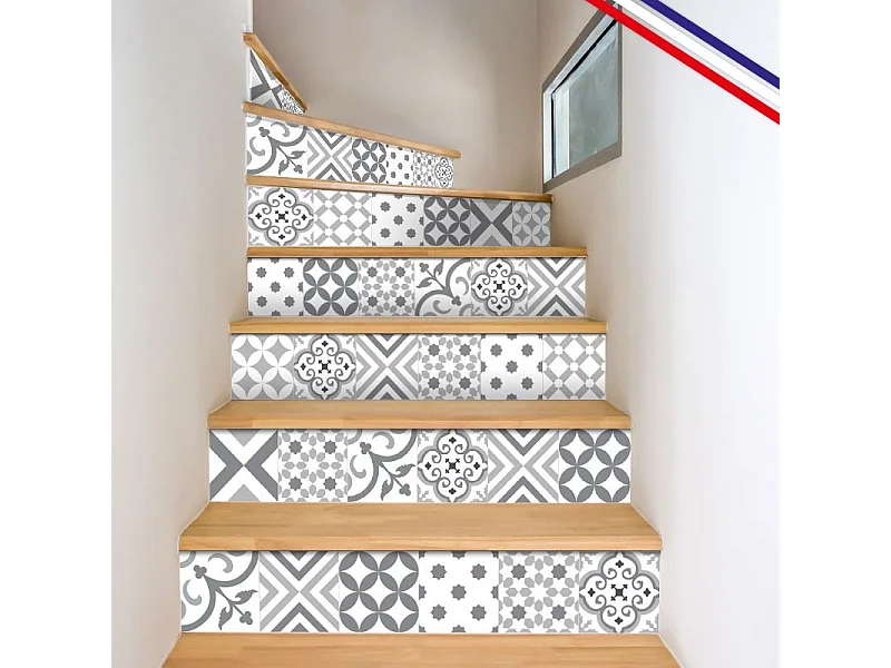Contremarches adhésives PVC pour escalier - carreaux de ciment gris - Lot de 5 (18x100 cm)