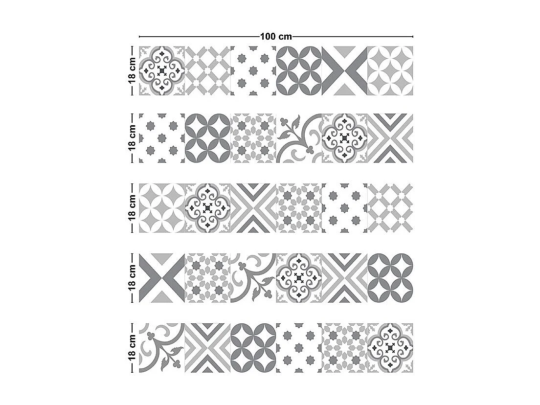 Contremarches adhésives PVC pour escalier - carreaux de ciment gris - Lot de 5 (18x100 cm)