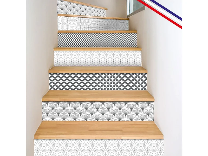 Contremarches adhésives PVC pour escalier - carreaux de ciment gris - Lot de 5 (18x100 cm)