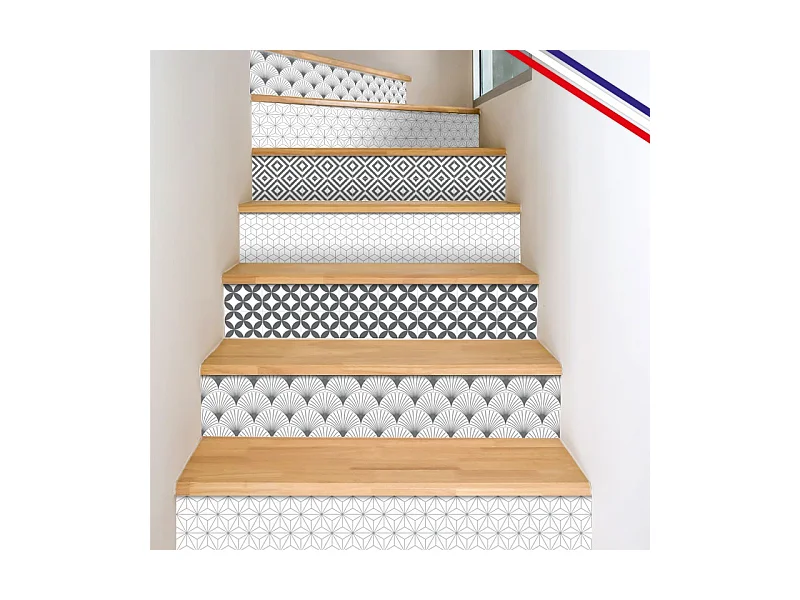 Contremarches adhésives PVC pour escalier - carreaux de ciment gris - Lot de 5 (18x100 cm)