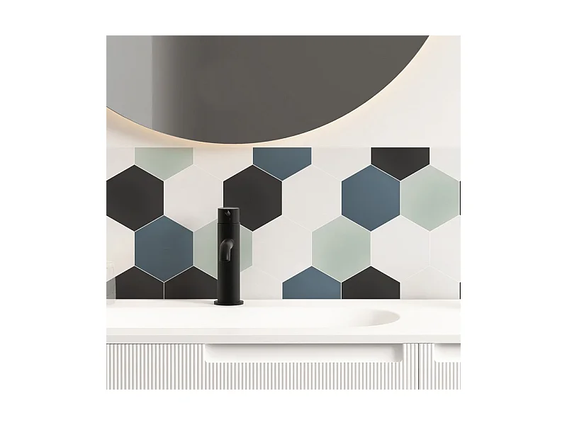 Crédence adhésive pour salle de bain en PVC style carreaux de ciment bleu 140x30 cm (en 2 bandeaux)