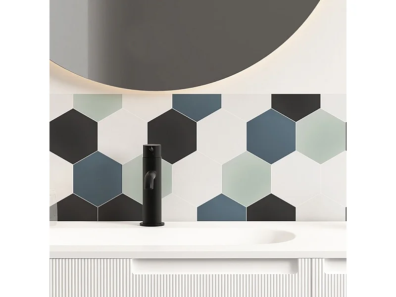 Crédence pour salle de bain en PVC style carreaux de ciment bleu 140x30 cm (en 2 bandeaux)