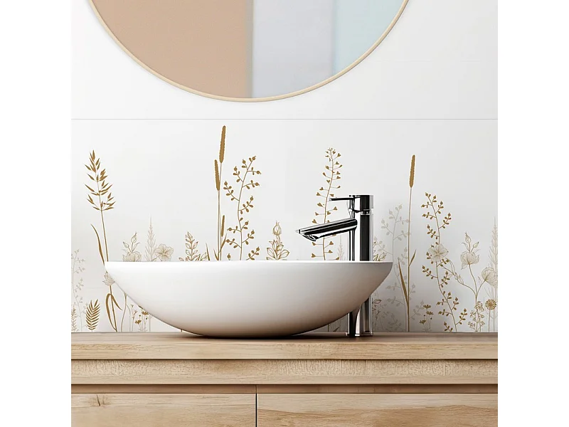 Crédence adhésive pour salle de bain en PVC floral marron 140x30 cm (en 2 bandeaux)