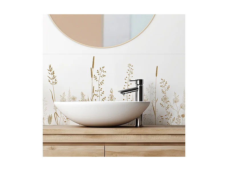 Crédence adhésive pour salle de bain en PVC floral marron 140x30 cm (en 2 bandeaux)