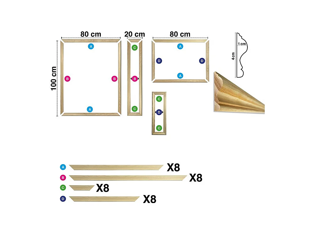 Kit de 8 moulures murales en bois Pin des Landes - Prêt à coller et peindre - Justine - 2 mètres