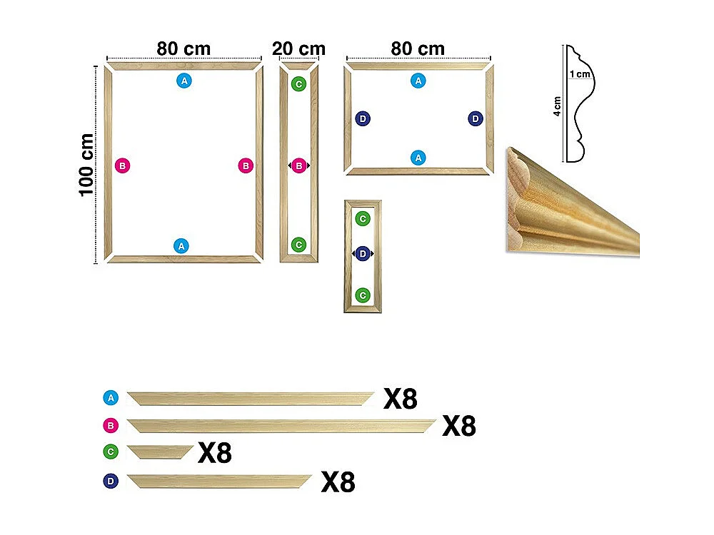 Kit de 8 moulures murales en bois Pin des Landes - Prêt à coller et peindre - Justine - 2 mètres